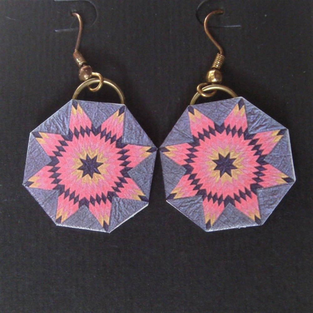 Vintage 90s Artisan Quilt Print Octagon Paper Earrings Artsy Americana